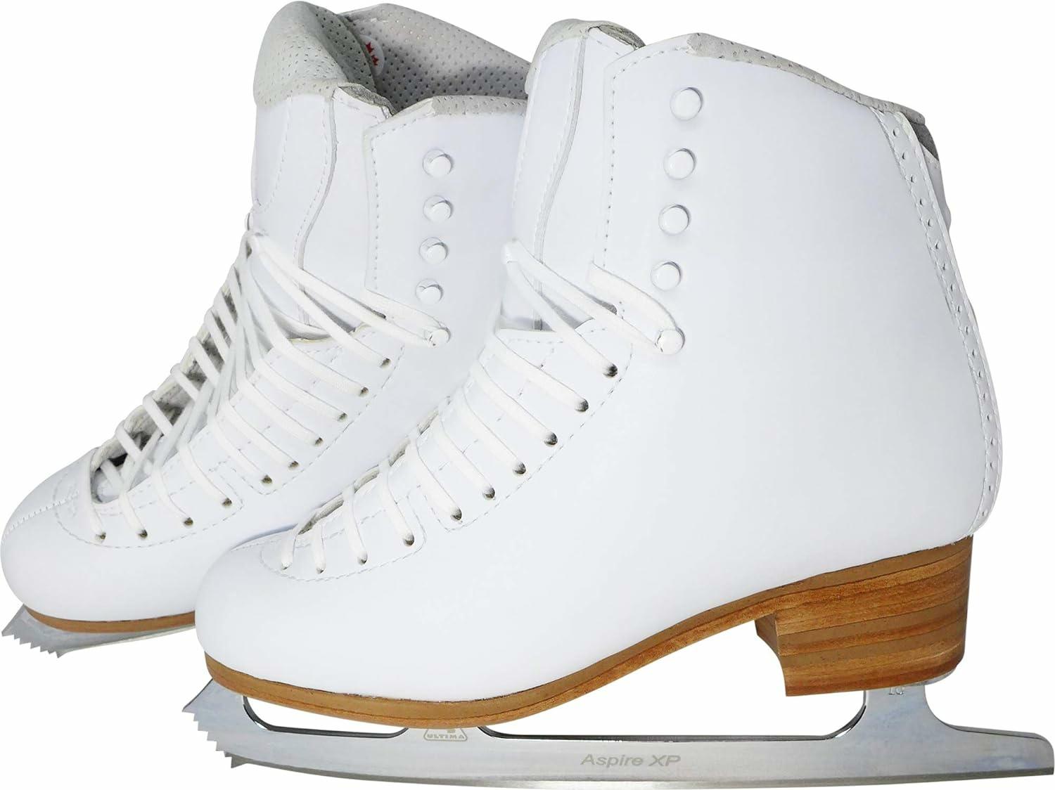 Pair of GAM Gold Label G0980 white figure skates with Aspire XP blades, front-quarter view