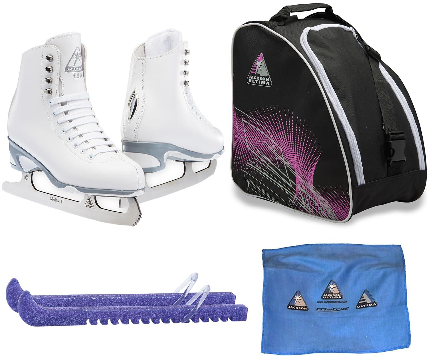 Jackson Finesse JS150 Ice Skate Bundle — White — Guardog 840 guards + Purple skate bag + towel Jackson Ultima Figure Ice Skates Finesse JS150 / Medium to Wide/Adult 4 Bundle with Bag, Guardog Skate Guards, Towel