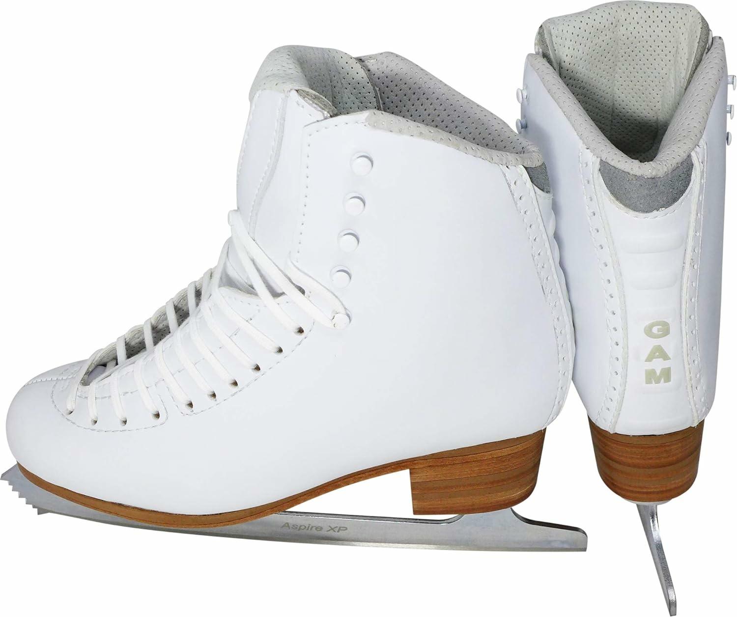 GAM Gold Label G0980 white figure skates with Aspire XP blades, perforated lining and GAM heel lettering