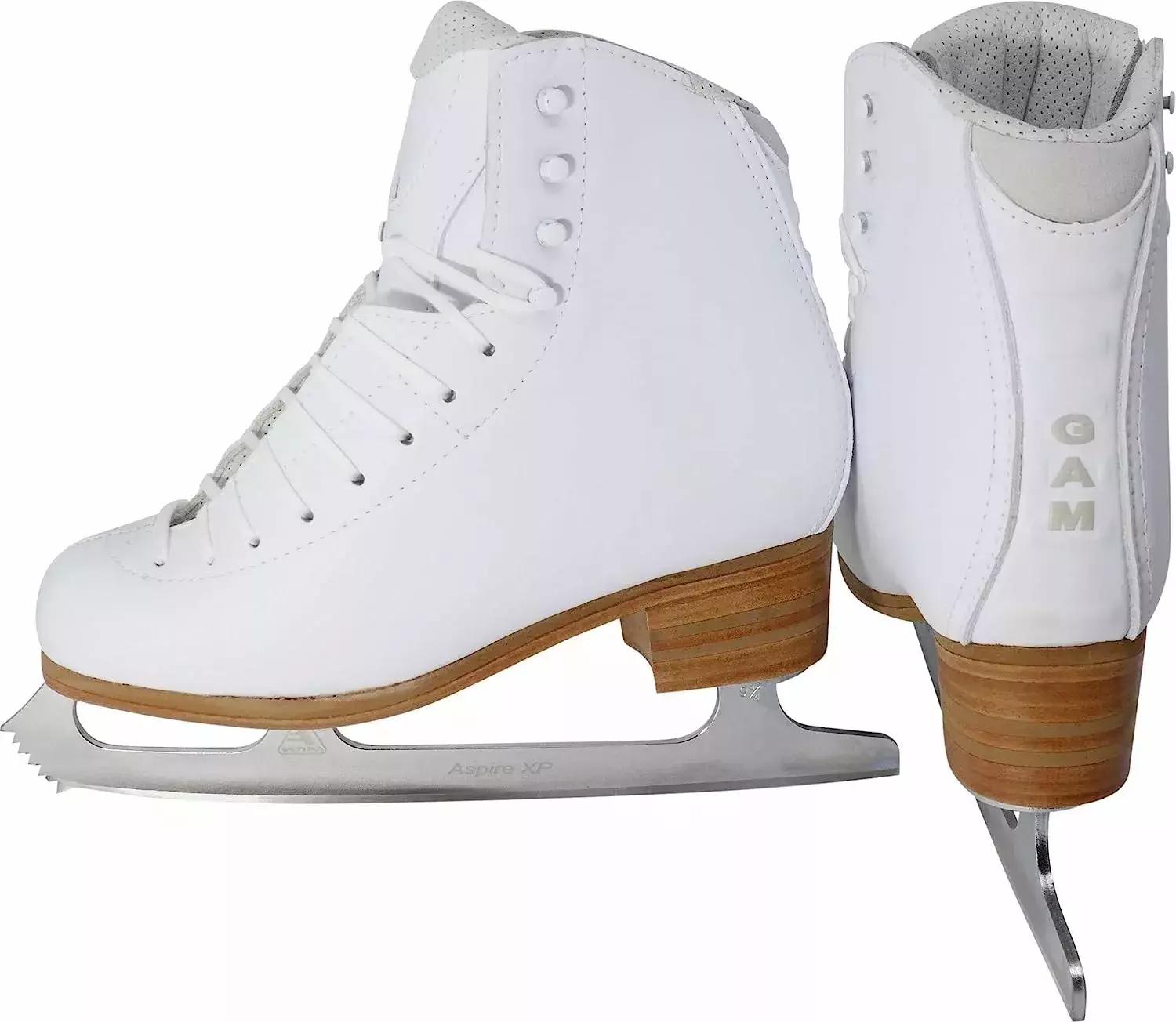 GAM Silver Label G0780 white figure skates for women with Aspire XP blades and tan stacked heels