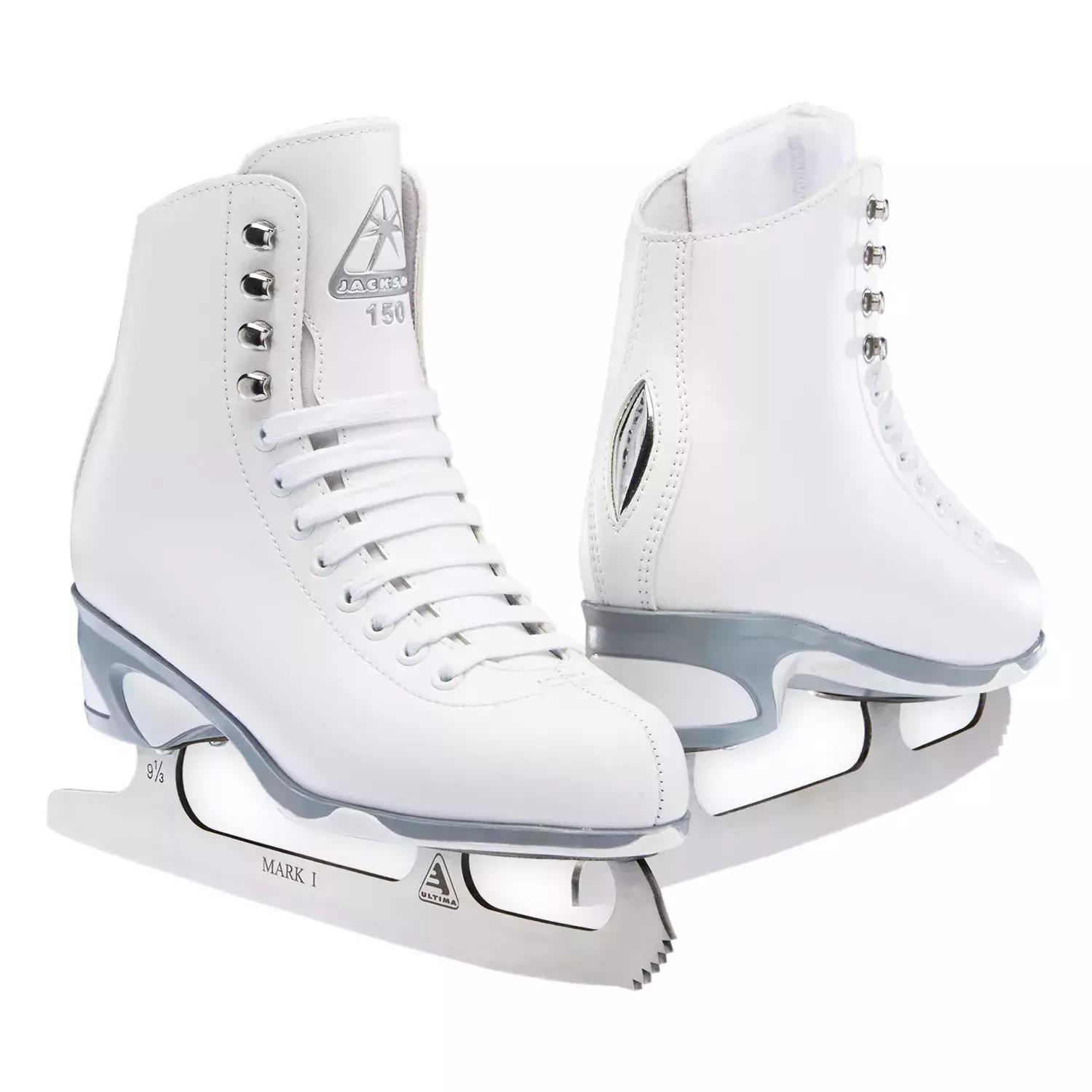 Jackson Ultima Finesse JS150 Women’s, Girls’ and Toddler Figure Skates Jackson Ultima Finesse JS150 white figure skates, pair shown from the front and side with chrome-trimmed heel, grey and white PVC outsole and Ultima Mark I blade