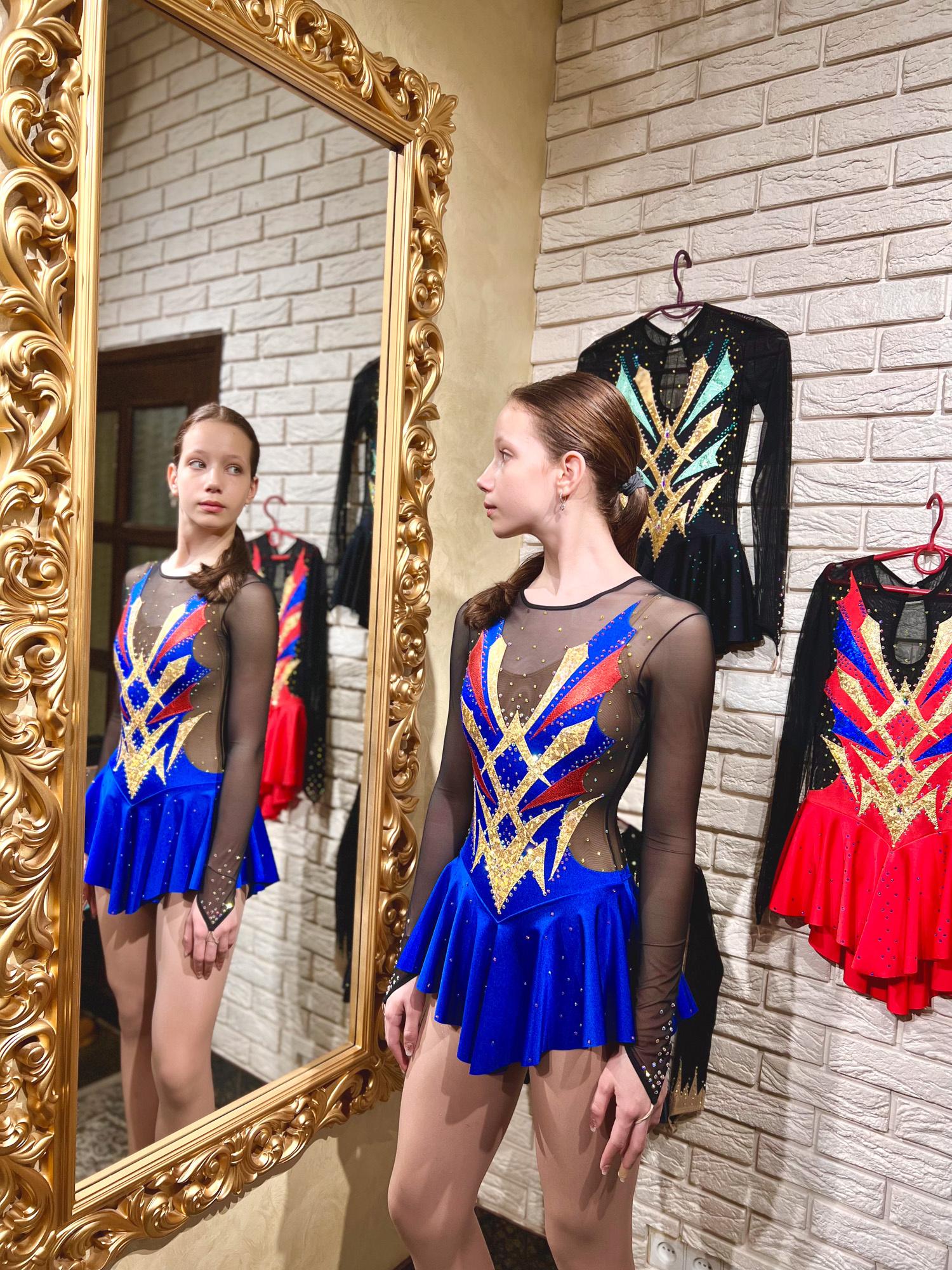 Figure Skating Dress Style A26 Blue/Red Italian Fabric, Handmade 197