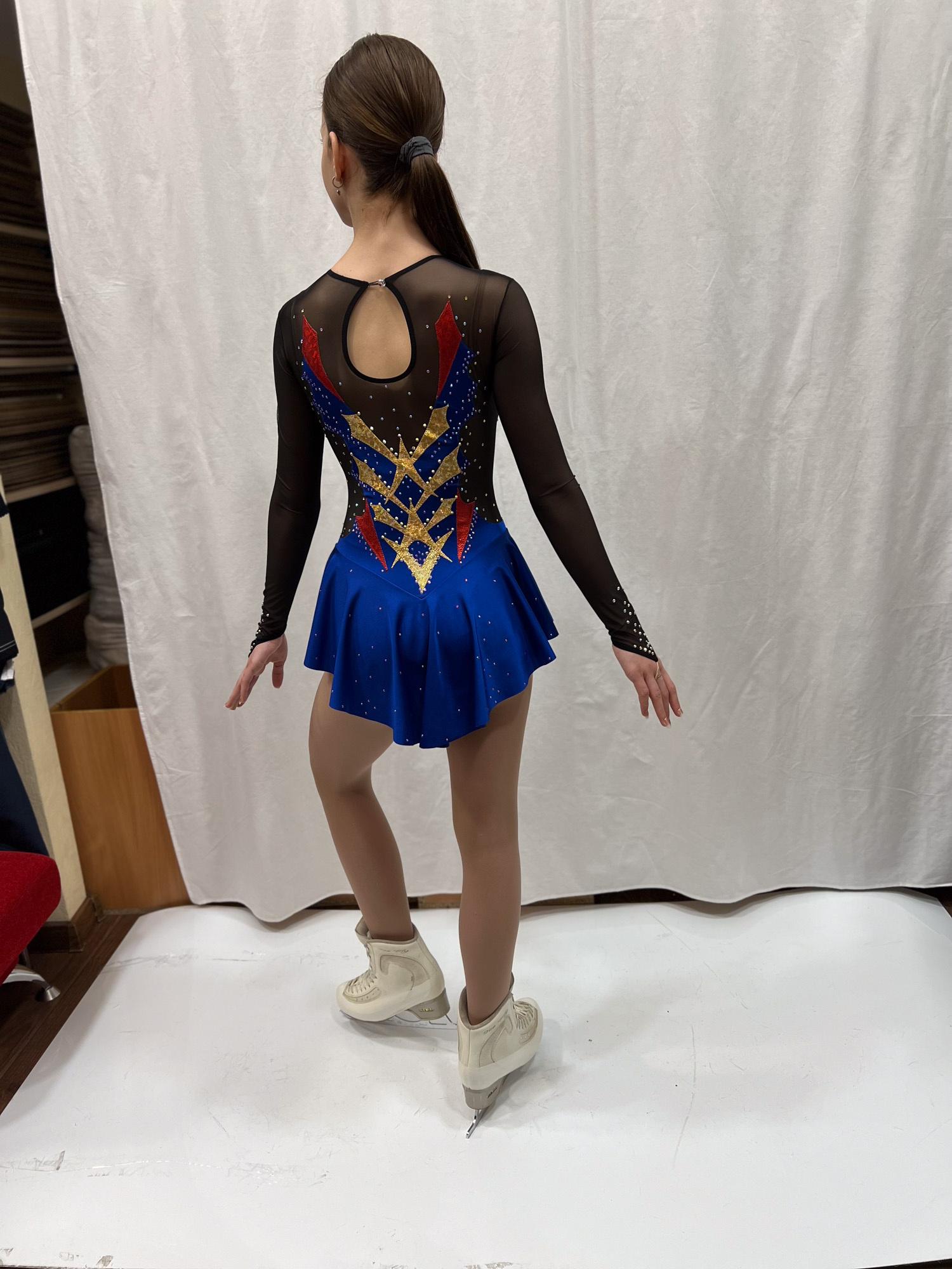 Figure Skating Dress Style A26 Blue/Red Italian Fabric, Handmade 195