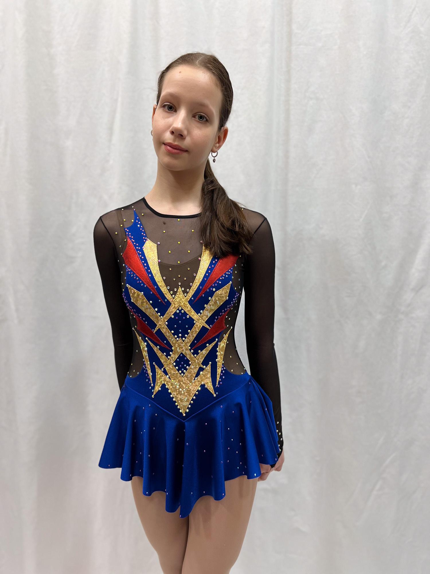 Figure Skating Dress Style A26 Blue/Red Italian Fabric, Handmade 194