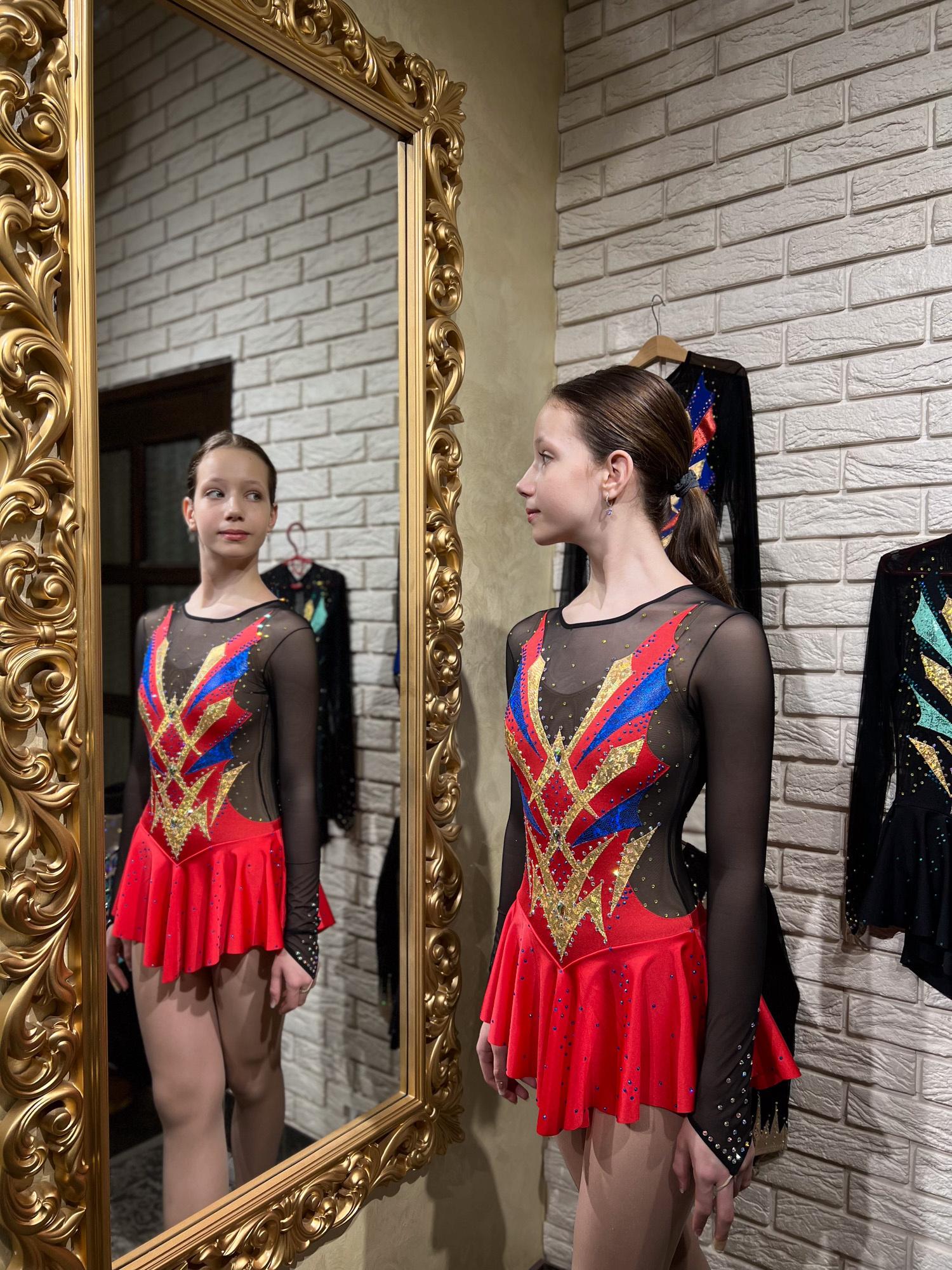 red and black figure skating dress Style A26 Red/Blue Italian Fabric, Handmade handmade in Ukraine Brand OCTOBER 2025 Black Embellished Strapless Fitted Color:Black/Ivory