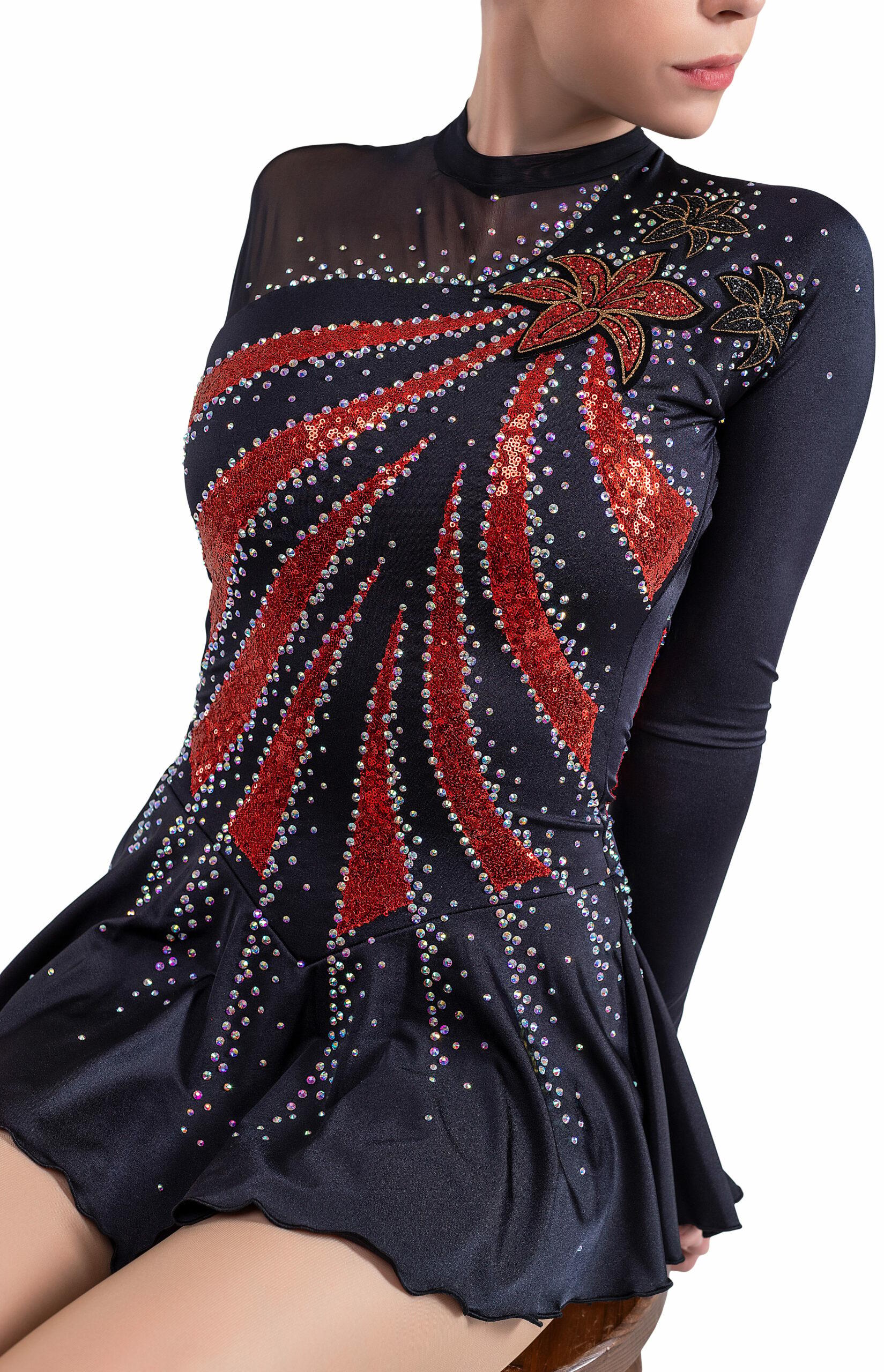 Figure Skating Dress Style A18 Black Red Italian Fabric, Handmade 260