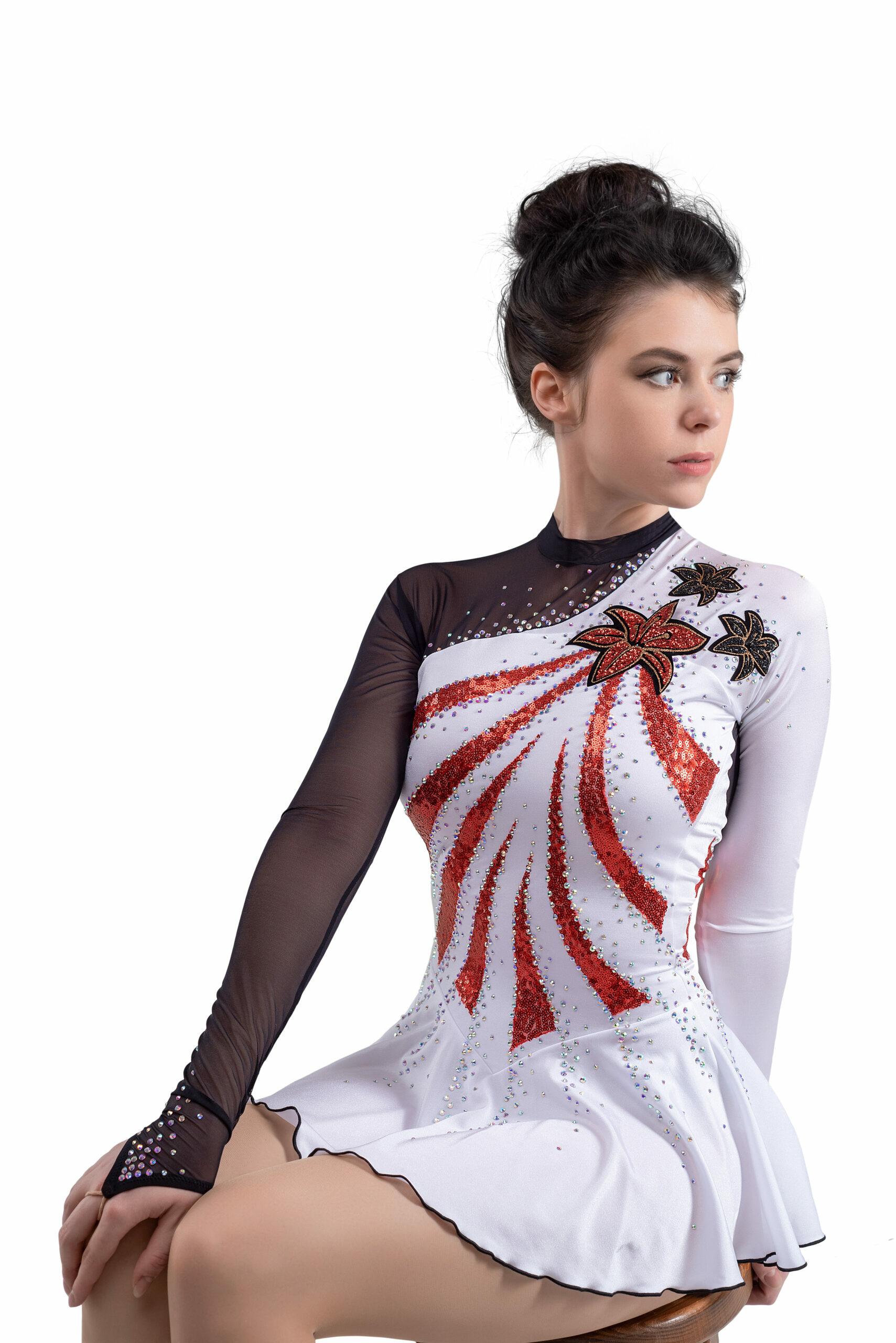 Figure Skating Dress Style A18 White Red Italian Fabric, Handmade 291 Figure Skating Dress Style A18 White Red Italian Fabric, Handmade 291