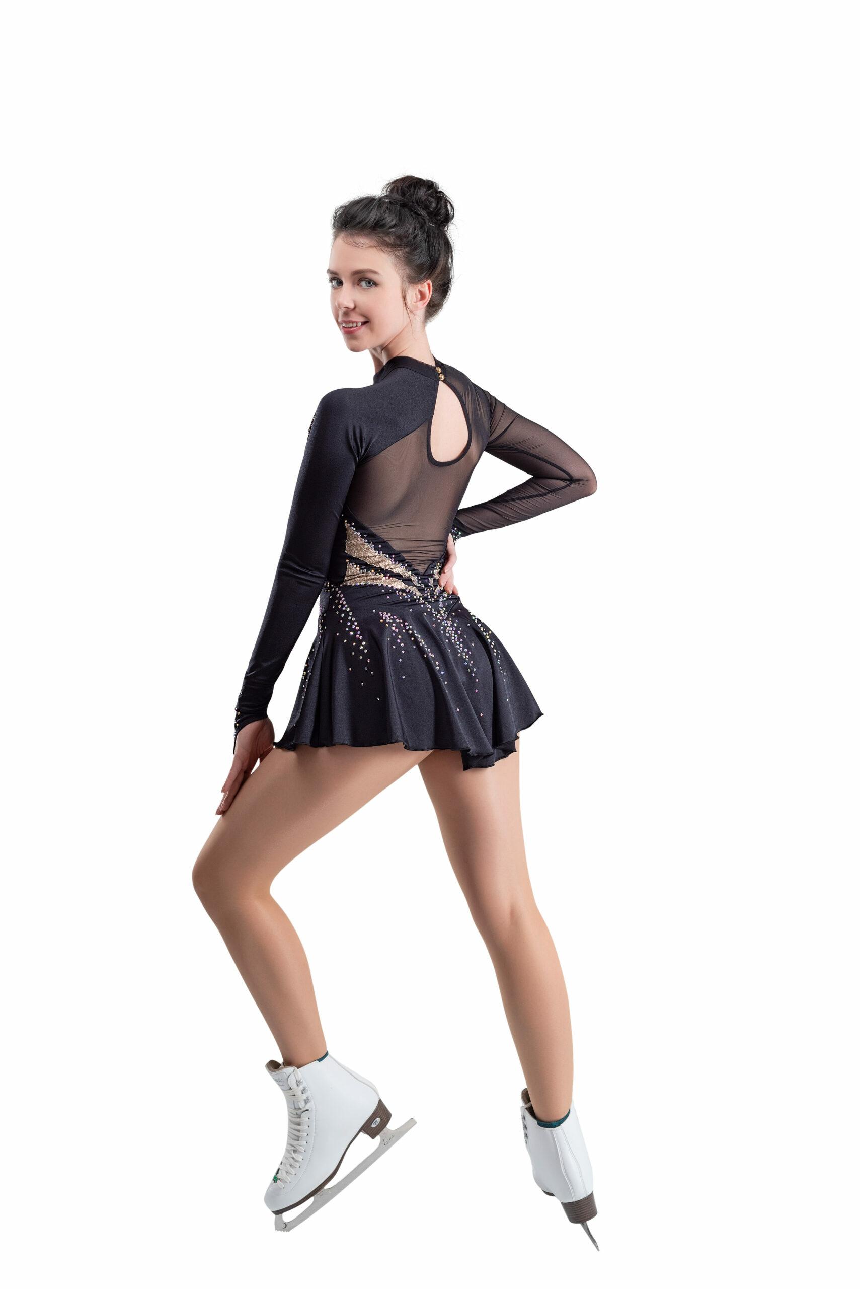 Figure Skating Dress Style A18 Black Gold Italian Fabric, Handmade 294