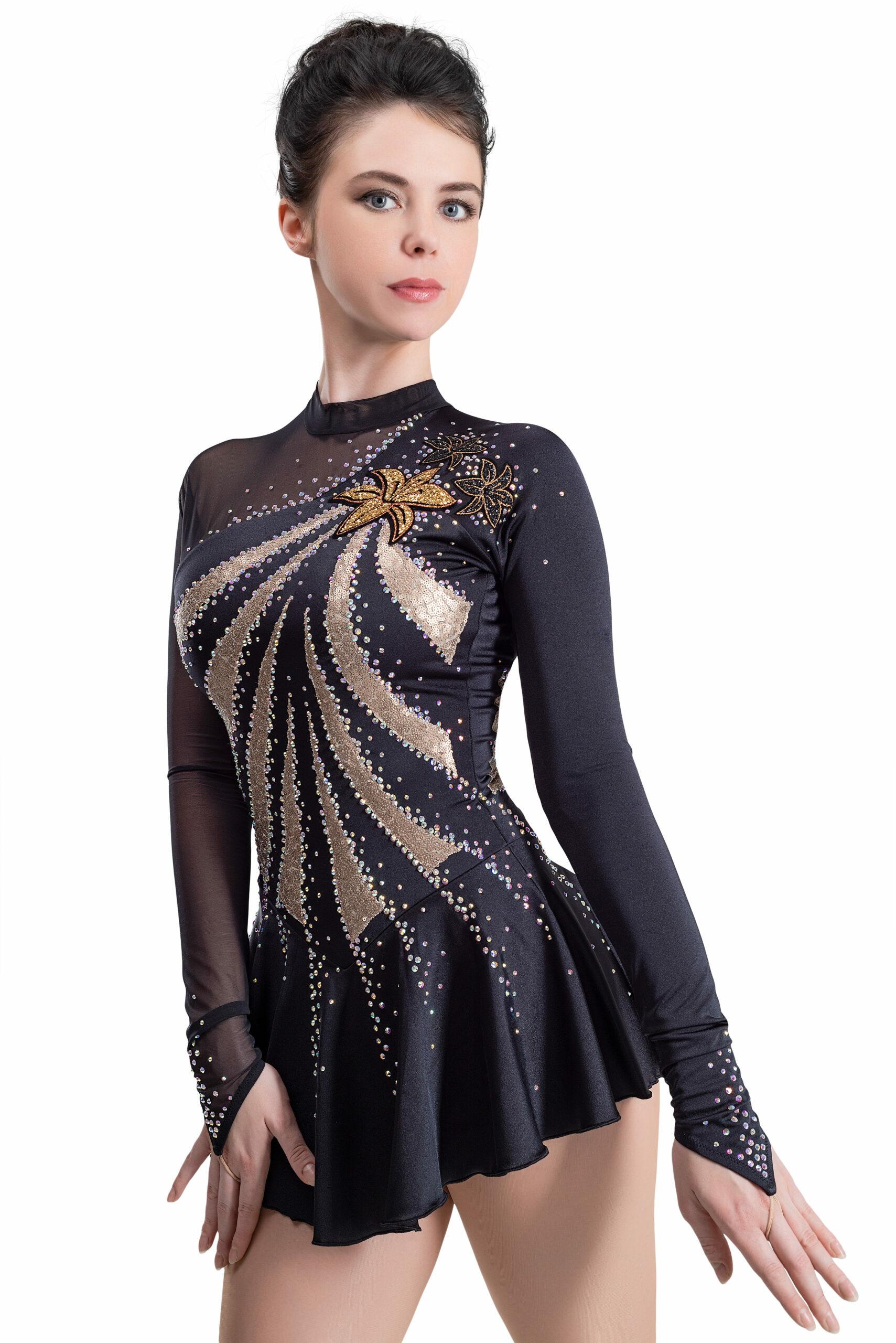 Figure Skating Dress Style A18 Black Gold Italian Fabric, Handmade 296