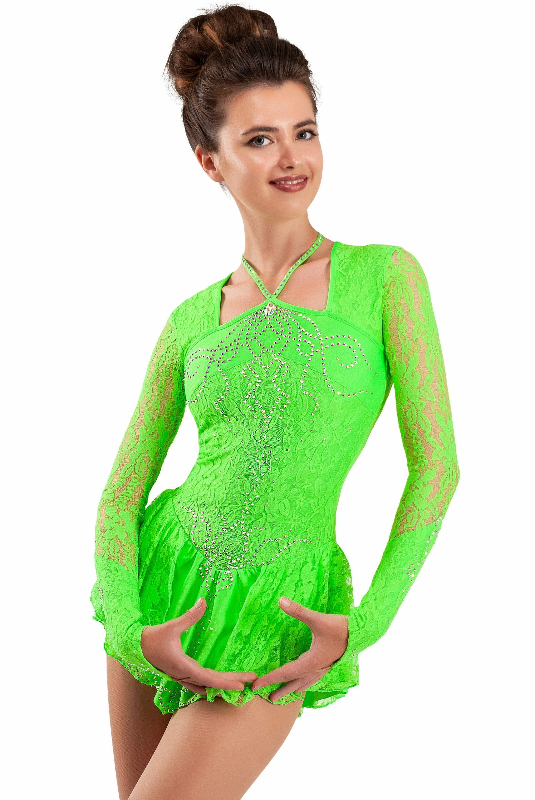 Figure Skating Dress Style A16 Green Italian Fabric, Handmade 185