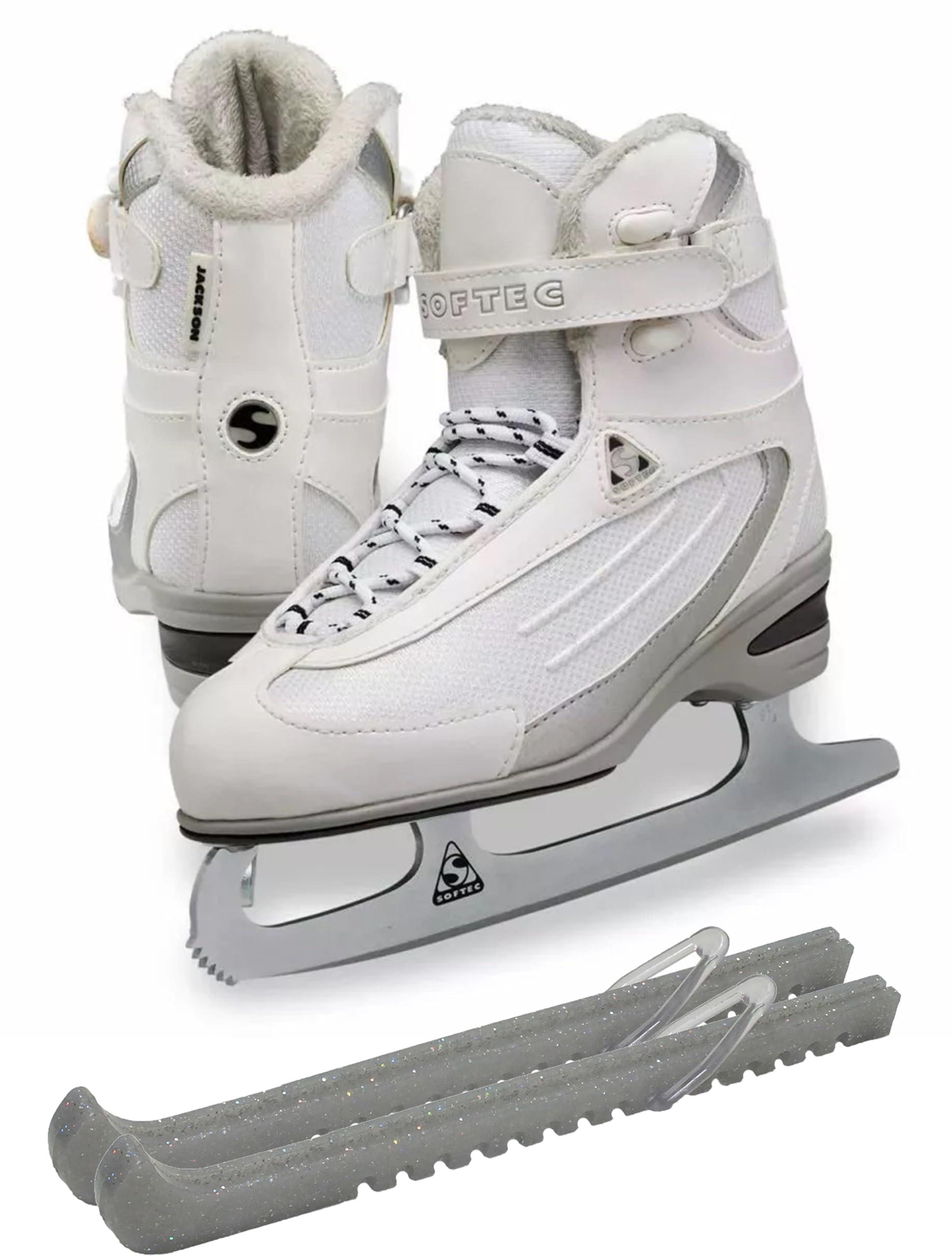 Jackson Ultima Softec Ice Skates - Modern Comfort & Style, Color:White/Fleece, Size:5 Bundle with Skate Guards