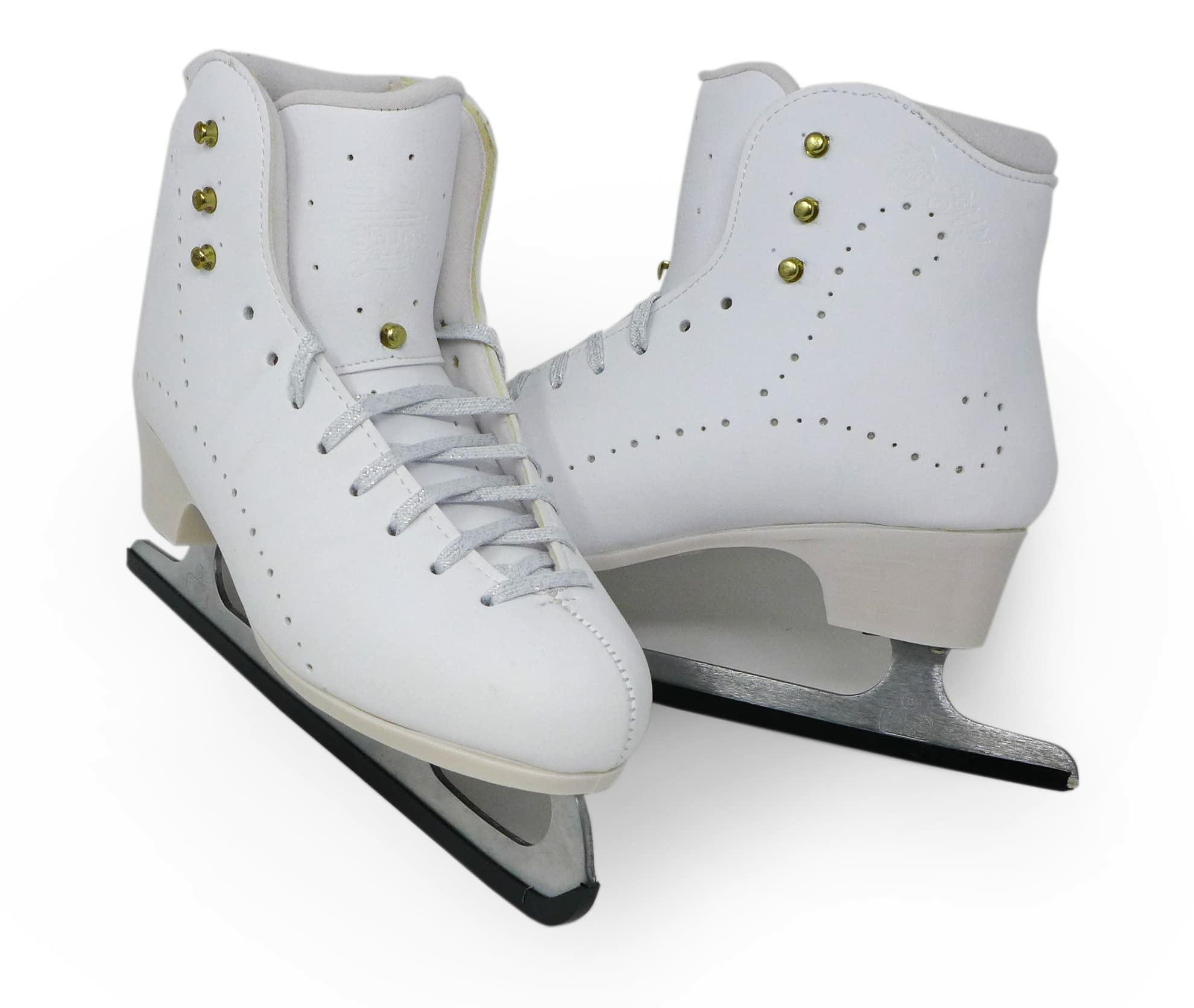 Pair of white Belati Iris Microfiber figure skates with protective blade covers