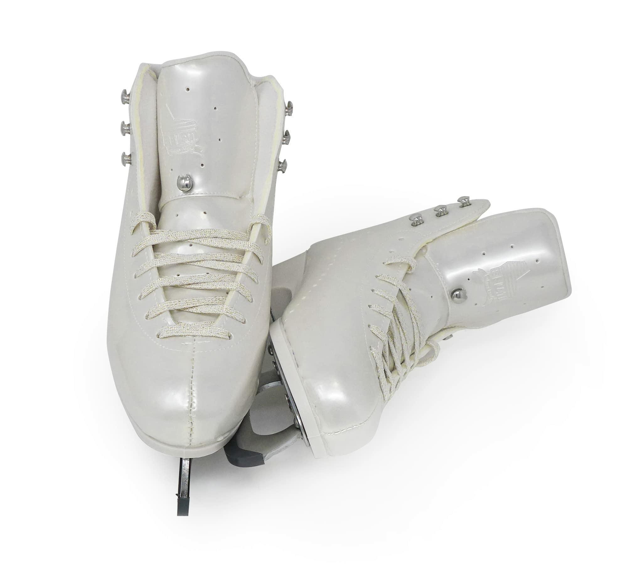 Belati Iris Perla Women’s Figure Ice Skates Made in Italy 258 Top view of pearl Belati Iris Perla skates with silver hardware and blade guards