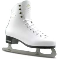 BOTAS Dagmar VERTIGO Women’s and Girls’ Figure Skates BOTAS Dagmar VERTIGO white figure skate, three-quarter view with gold Dagmar lettering, four brass hooks and graphite sole