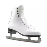 BOTAS Dagmar VERTIGO white figure skate, three-quarter view with gold Dagmar lettering, four brass hooks and graphite sole