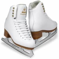 Jackson Ultima Competitor DJ2470 figure skates: white leather boots with gold lace hooks, tan stacked heels and Ultima Aspire XP blades, side and rear view