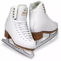 Jackson Ultima Competitor DJ2470 figure skates: white leather boots with gold lace hooks, tan stacked heels and Ultima Aspire XP blades, side and rear view