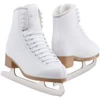 Pair of Jackson Ultima Classic 200 white figure skates with antique tan soles and Ultima Mark I blades