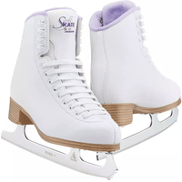 Pair of white Jackson Ultima Classic SoftSkate 380 ice skates with lilac fleece collars and Ultima Mark I blades