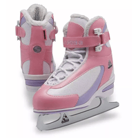 Jackson Softec ST2321 youth ice skates in pink with lilac trim and a white and lilac two-color figure outsole