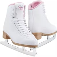 Jackson Classic SoftSkate 380 pink ice skates, a pair angled to show the white boots, pink fleece collars and white Ultima Mark I blades