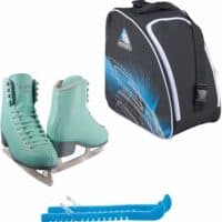 Jackson SoftSkate 380 ice skates in Mint with Guardog 838 guards + Blue skate bag