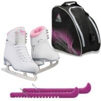 Jackson Finesse 180 ice skates in Pink with Guardog 837 guards + Purple skate bag