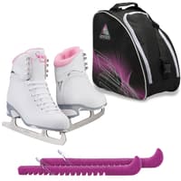 Jackson Finesse 180 ice skates in Pink with Guardog 837 guards + Purple skate bag
