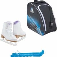 Jackson SoftSkate 380 ice skates in Purple with Guardog 838 guards + Blue skate bag