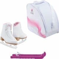 Jackson SoftSkate 380 ice skates in Pink with Guardog 837 guards + White skate bag