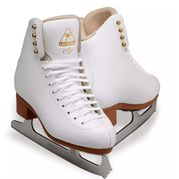 Jackson Ultima Elle DJ2130 white figure skates with gold elle tongue logo, tan LCL sole and Ultima Mirage blade
