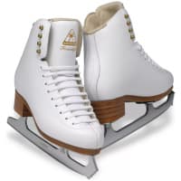 Jackson Ultima Freestyle DJ2190 white figure skates, pair shown with Ultima Aspire blades and tan layered cork-leather LCL soles