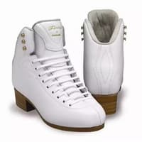 Jackson Ultima Finesse DJ2510 white figure skating boots without blades, gold Finesse script and tan stacked heels