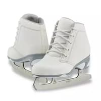 Jackson Softec DIVA DV3000 women's ice skates in white, pair shown from the side and front with Ultima Mark I blades