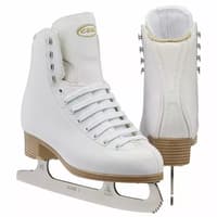 GAM Stella white figure skates with GAM crest, fleece collar, tan stacked heels and riveted Mark I blades