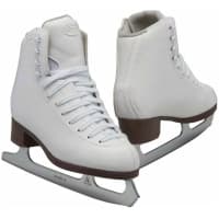 GAM Pirouette white figure skates with GAM tongue crest, mesh gusset and riveted-look brown stacked heels with Mark II blades