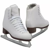 GAM Pirouette white figure skates with GAM tongue crest, mesh gusset and riveted-look brown stacked heels with Mark II blades