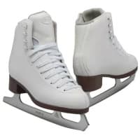 GAM Pirouette white figure skates with GAM tongue crest, brown stacked heels and Ultima Mark II blades