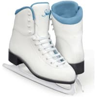 Jackson Glacier GS180 white figure skate with blue lining and collar, charcoal PVC outsole and Ultima Mark I blade