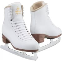 Jackson Ultima Mystique JS1490/JS1491 Women’s and Girls’ Figure Skates Pair of white Jackson Ultima Mystique JS1490 figure skates with gold Jackson and Mystique logos, tan padded collars and Ultima Mark II blades
