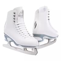 Jackson Ultima Finesse JS150 white figure skates, pair shown from the front and side with chrome-trimmed heel, grey and white PVC outsole and Ultima Mark I blade