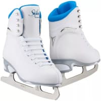 Jackson SoftSkate JS180 white figure skates with a blue padded collar, pair view with Ultima Mark I blades