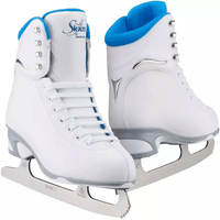 Jackson SoftSkate JS180 white figure skates with a blue padded collar, pair view with Ultima Mark I blades