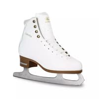 BOTAS Cindy white leather figure skate, outer side, showing the gold Cindy lettering, four antique-brass hooks and the brown plastic sole