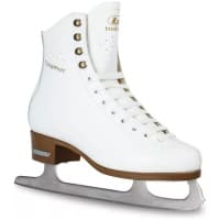 BOTAS Dagmar white leather figure skate, side view: gold Dagmar lettering, four brass hooks, brown plastic sole and Botas Sabrina blade