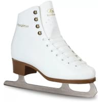 Botas Regina white figure skate, adult boot side view: four pairs of hooks, gold Regina lettering, brown plastic sole and Botas Nicole blade