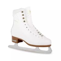 BOTAS Diana white leather figure skate, outside profile showing the plush collar, gold Diana script, antique-brass hooks, brown plastic sole and Sabrina blade