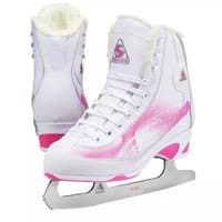 Jackson Ultima Softec RAVE RV2000 ice skates in white with the pink graphic print, three lace hooks a side and Ultima Mark I blade