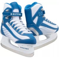 Jackson Ultima Softec Sport ST6100 / ST6101 Women’s and Girls’ Ice Skates with Hockey Blade Jackson Ultima Softec Sport ST6100 ice skates, a white and blue pair on white plastic hockey blade holders printed SOFTEC