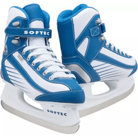 Jackson Ultima Softec Sport ST6100 ice skates, a white and blue pair on white plastic hockey blade holders printed SOFTEC